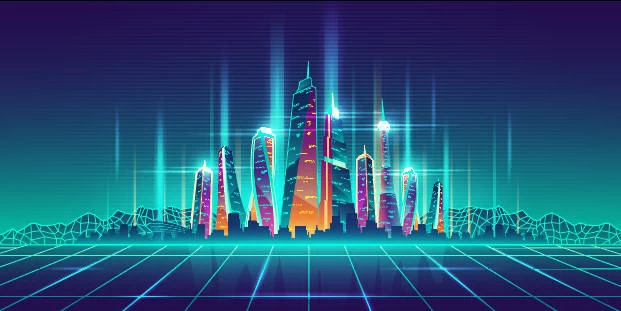 未来科技科幻霓虹灯渐变绚丽城市建筑夜景灯光插画AI/PSD设计素材100套【086】